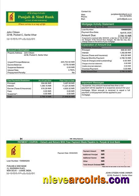 India Punjab & Sind Bank mortgage statement Word and PDF template